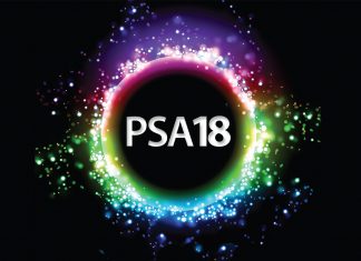 PSA18 text in a circle with multicoloured light reflections